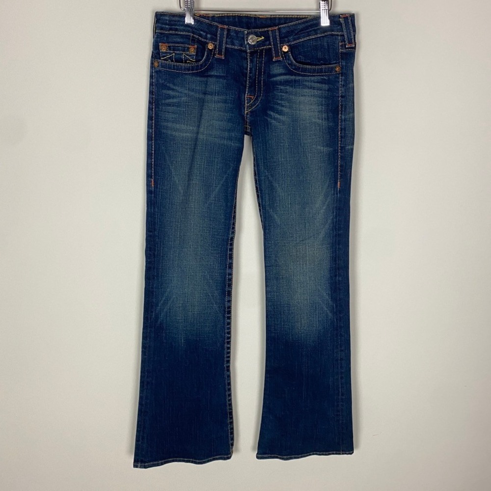 True Religion Bobby Jeans Low Rise Bootcut Womens 30 Blue Contrast Stitch USA